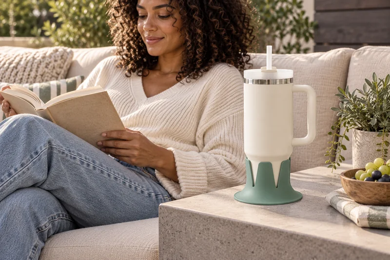 Adult reading on outdoor sectional with cream straw tumbler on broad level dry side table. AI lifestyle illustration.