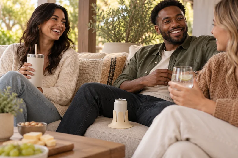 Friends chatting on covered patio sofa opened sparkling water can on firm flat supported cushion by adult hip. AI lifestyle illustration.