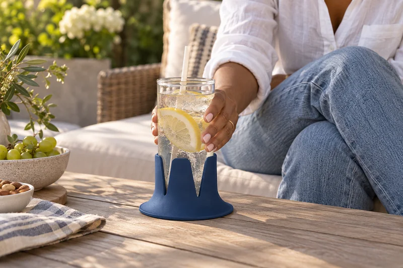 Garden lounge afternoon water glass on broad outdoor coffee table near seated adult. AI lifestyle illustration.